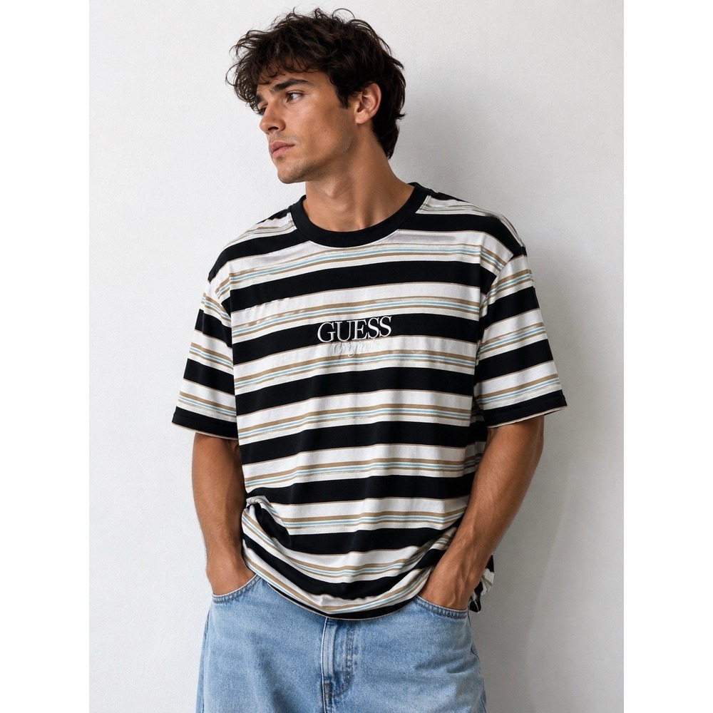 GUESS ORIGINALS Striped Logo T-shirt Size Men's Medium -2570